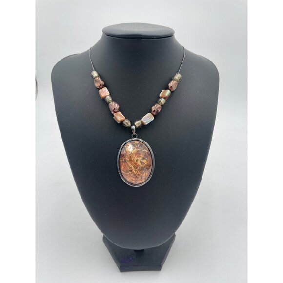 Amber & Stone Beaded Necklace With Oval Pendant & Lobster Clasp - Picture 1 of 2